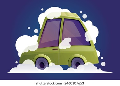 Green funny passenger car hatchback with foam and soap bubbles, vehicle wash. Vector isolated cartoon illustration.