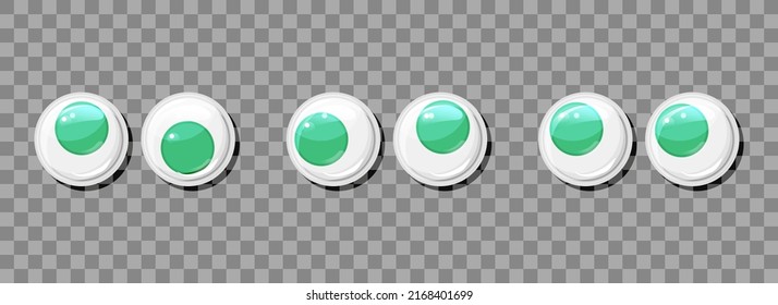 Green funny plastic eyes for toys, puppet and dolls character on a transparent background. Round colorful eyeballs big vector set. Cartoon design craft and sewing design elements. 