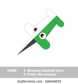 Green Funny Pushpin. Dot to dot educational game for kids. Trace and color the colorless half.