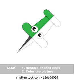 Green Funny Pushpin. Dot to dot educational game for kids. Trace and color the colorless half.