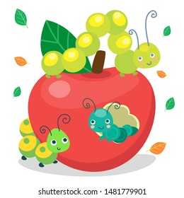 Green funny smiling cute caterpillars eating apple. Insect character for baby and children. Vector illustration, cartoon style.