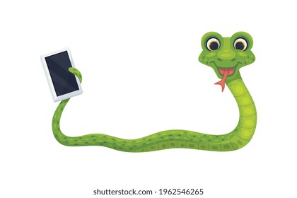 Green funny snake with smartphone, flat vector illustration on white background. Funny comic cartoon character of smiling cute snake with modern phone gadget.