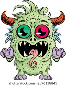 green fur monster with cute two colors eye