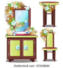 Green furniture in marine style isolated on white background. Vector cartoon close-up illustration.