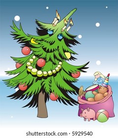 Green fur-tree decorated by New Year's toys