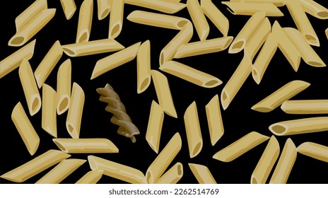 A green fusilli among many yellow penne