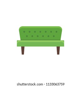 Green futon. Vector illustration. Flat icon of sofa. Element of modern home & office furniture. Front view.