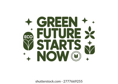Green Future Starts Now, Eco Leaves Icons, Modern Flat, Icon Set, Printable Design For Branding, Marketing, Social Media, Print