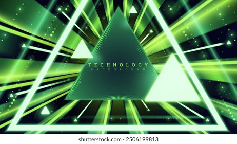 Green futuristic high speed data transfer technology background with glowing triangle frame and circle dots with triangular shapes radiating out to the sides.
