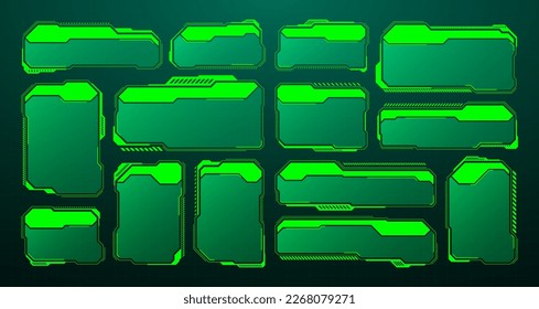 Green futuristic HUD, UI elements. Sci-fi user interface text boxes, callouts. Warning message frames, information boxes template. Modern game interface layout in digital style. Vector illustration