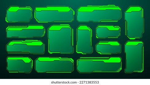 HUD futurista verde, elementos UI. Cuadros de texto de la interfaz de usuario de Sci-fi, llamadas. Marcos de mensajes de advertencia, plantilla de cuadros de información. Diseño moderno de interfaz de juego en estilo digital. Ilustración del vector