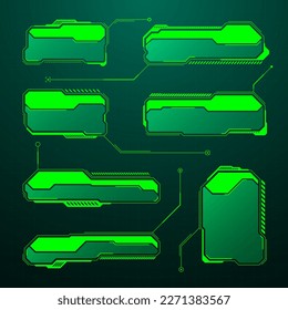 HUD futurista verde, elementos UI. Cuadros de texto de la interfaz de usuario de Sci-fi, llamadas. Marcos de mensajes de advertencia, plantilla de cuadros de información. Diseño moderno de interfaz de juego en estilo digital. Ilustración del vector
