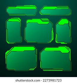 Grüner futuristischer HUD, UI-Elemente. Textfelder für die Sci-fi-Benutzeroberfläche, Tastenkombinationen. Meldungsrahmen, Vorlage für Informationsfelder. Modernes Interface im digitalen Stil. Vektorgrafik