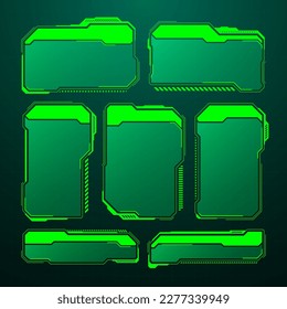 Green futuristic HUD, UI elements. Sci-fi user interface text boxes, callouts. Warning message frames, information boxes template. Modern game interface layout in digital style. Vector illustration