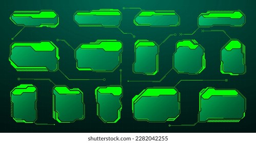 Green futuristic HUD, UI elements. Sci-fi user interface text boxes, callouts. Warning message frames, information boxes template. Modern game interface layout in digital style. Vector illustration