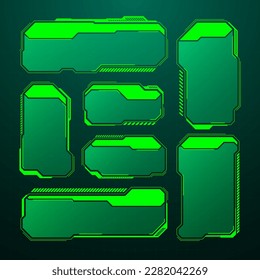 Grüner futuristischer HUD, UI-Elemente. Textfelder für die Sci-fi-Benutzeroberfläche, Tastenkombinationen. Meldungsrahmen, Vorlage für Informationsfelder. Modernes Interface im digitalen Stil. Vektorgrafik