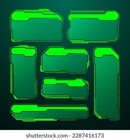 HUD futurista verde, elementos UI. Cuadros de texto de la interfaz de usuario de Sci-fi, llamadas. Marcos de mensajes de advertencia, plantilla de cuadros de información. Diseño moderno de interfaz de juego en estilo digital. Ilustración del vector
