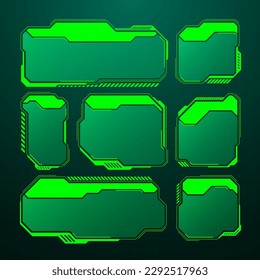HUD futurista verde, elementos UI. Cuadros de texto de la interfaz de usuario de Sci-fi, llamadas. Marcos de mensajes de advertencia, plantilla de cuadros de información. Diseño moderno de interfaz de juego en estilo digital. Ilustración del vector