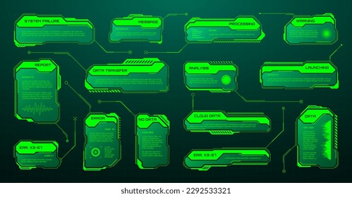 Green futuristic HUD, UI elements. Sci-fi user interface text boxes, callouts. Warning message frames, information boxes template. Modern game interface layout in digital style. Vector illustration