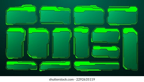 Green futuristic HUD, UI elements. Sci-fi user interface text boxes, callouts. Warning message frames, information boxes template. Modern game interface layout in digital style. Vector illustration