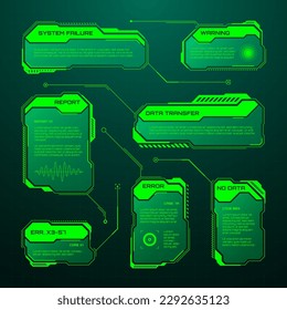 Green futuristic HUD, UI elements. Sci-fi user interface text boxes, callouts. Warning message frames, information boxes template. Modern game interface layout in digital style. Vector illustration