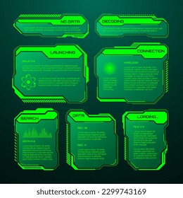 Green futuristic HUD, UI elements. Sci-fi user interface text boxes, callouts. Warning message frames, information boxes template. Modern game interface layout in digital style. Vector illustration