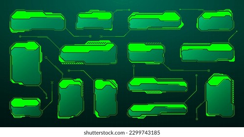 Grüner futuristischer HUD, UI-Elemente. Textfelder für die Sci-fi-Benutzeroberfläche, Tastenkombinationen. Meldungsrahmen, Vorlage für Informationsfelder. Modernes Interface im digitalen Stil. Vektorgrafik