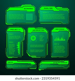 Green futuristic HUD, UI elements. Sci-fi user interface text boxes, callouts. Warning message frames, information boxes template. Modern game interface layout in digital style. Vector illustration
