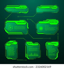 Grüner futuristischer HUD, UI-Elemente. Textfelder für die Sci-fi-Benutzeroberfläche, Tastenkombinationen. Meldungsrahmen, Vorlage für Informationsfelder. Modernes Interface im digitalen Stil. Vektorgrafik