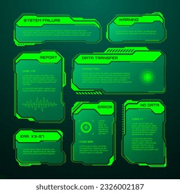 HUD futurista verde, elementos UI. Cuadros de texto de la interfaz de usuario de Sci-fi, llamadas. Marcos de mensajes de advertencia, plantilla de cuadros de información. Diseño moderno de interfaz de juego en estilo digital. Ilustración del vector