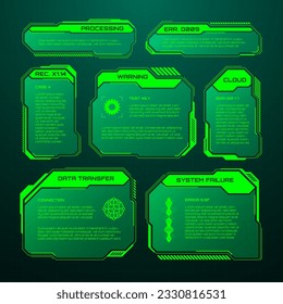 Green futuristic HUD, UI elements. Sci-fi user interface text boxes, callouts. Warning message frames, information boxes template. Modern game interface layout in digital style. Vector illustration