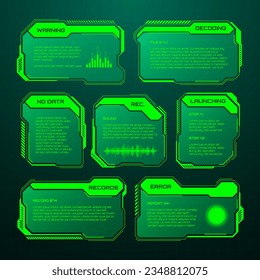 Green futuristic HUD, UI elements. Sci-fi user interface text boxes, callouts. Warning message frames, information boxes template. Modern game interface layout in digital style. Vector illustration