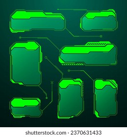 HUD futurista verde, elementos UI. Cuadros de texto de la interfaz de usuario de Sci-fi, llamadas. Marcos de mensajes de advertencia, plantilla de cuadros de información. Diseño moderno de interfaz de juego en estilo digital. Ilustración del vector