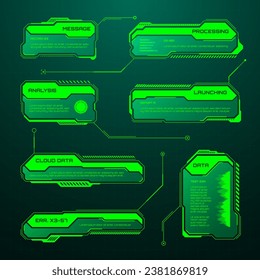 Green futuristic HUD, UI elements. Sci-fi user interface text boxes, callouts. Warning message frames, information boxes template. Modern game interface layout in digital style. Vector illustration
