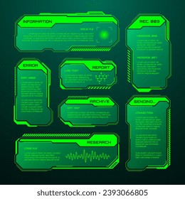 Green futuristic HUD, UI elements. Sci-fi user interface text boxes, callouts. Warning message frames, information boxes template. Modern game interface layout in digital style. Vector illustration