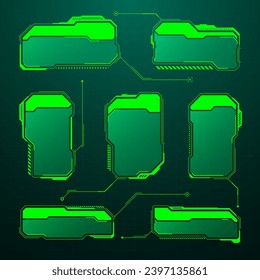 Green futuristic HUD, UI elements. Sci-fi user interface text boxes, callouts. Warning message frames, information boxes template. Modern game interface layout in digital style. Vector illustration