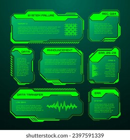 Green futuristic HUD, UI elements. Sci-fi user interface text boxes, callouts. Warning message frames, information boxes template. Modern game interface layout in digital style. Vector illustration