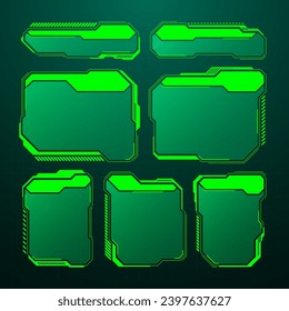 Green futuristic HUD, UI elements. Sci-fi user interface text boxes, callouts. Warning message frames, information boxes template. Modern game interface layout in digital style. Vector illustration