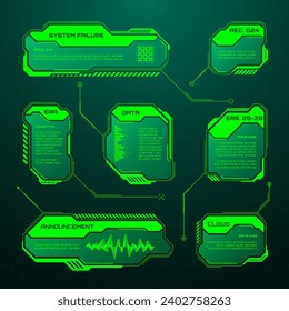 Green futuristic HUD, UI elements. Sci-fi user interface text boxes, callouts. Warning message frames, information boxes template. Modern game interface layout in digital style. Vector illustration