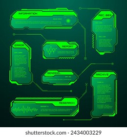 Green futuristic HUD, UI elements. Sci-fi user interface text boxes, callouts. Warning message frames, information boxes template. Modern game interface layout in digital style. Vector illustration