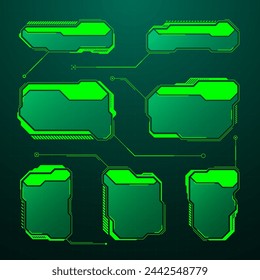 Green futuristic HUD, UI elements. Sci-fi user interface text boxes, callouts. Warning message frames, information boxes template. Modern game interface layout in digital style. Vector illustration