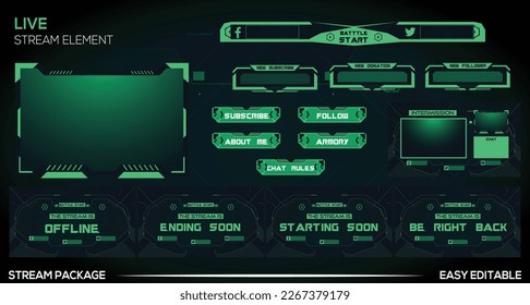 Green Futuristic Live Stream Gaming facecam, overlay, alert, panal, screen full Package Design Element for live gamer. online stream futuristic style.