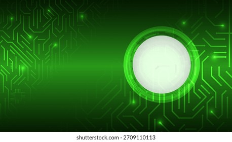 Fondo de tecnología futurista verde con patrones de circuito brillante y un elemento de interfaz circular brillante, creando un efecto de panel de control digital de alta tecnología.