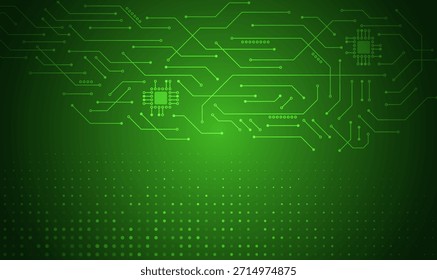 Ein grüner futuristischer Technologie-Hintergrund mit leuchtenden Schaltkreislinien, Mikrochip-Elementen und gepunkteten Mustern, die digitale Netzwerke, Elektronik und moderne Computersysteme darstellen.