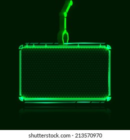 Green futuristic text frame holding by robotic hand. Rectangle shape banner with triangular grid background. Vector illustration