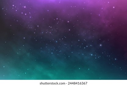 Galaxia verde con estrellas blancas. Cosmos mágicos con nubes moradas. Nebulosa brillante con polvo de estrellas. Brillante universo estrellado. Colorea el espacio exterior. Fondo cósmico. Ilustración vectorial.