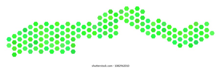 Green The Gambia map. Vector hexagon geographic scheme using fresh green color hues. Abstract The Gambia map mosaic is composed of hexagon blots.