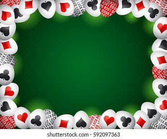 Green Gambling background with frame of red and black poker symbols over easter eggs, vector illustration.  Ideal for printing onto fabric and paper or scrap booking.