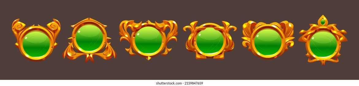 Green game buttons, achievement badges with golden frames. Vector cartoon set of round icons with gold border in medieval style, circle award labels isolated on background