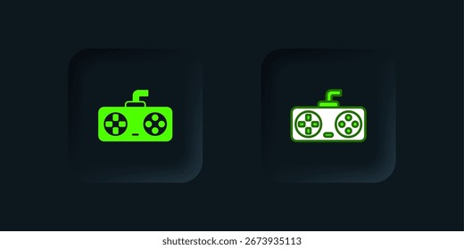Green Game controller or joystick for game console icon isolated on black background. Black square button. Vector
